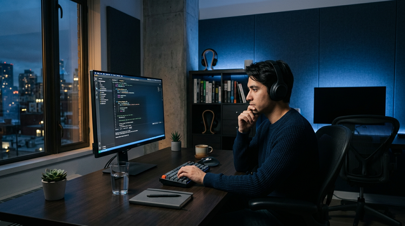 Clean developer workspace setup with dark blue ambient lighting
